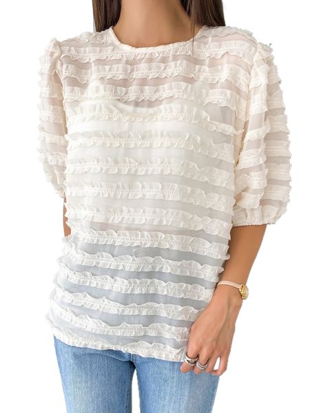 

dazy solid textured puff sleeve blouse i8v2#, White