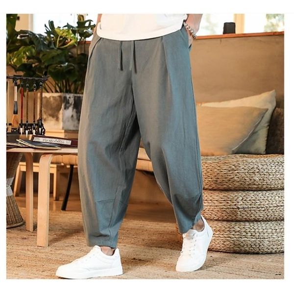 

japanese loose mens cotton pants male summer breathable solid color linen trousers fitness streetwear plus size m5xl 220708, Black
