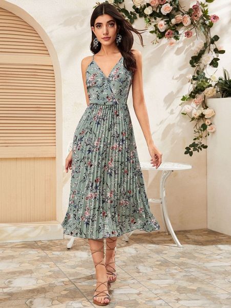 

floral print pleated slip dress x9xo#, Black;gray