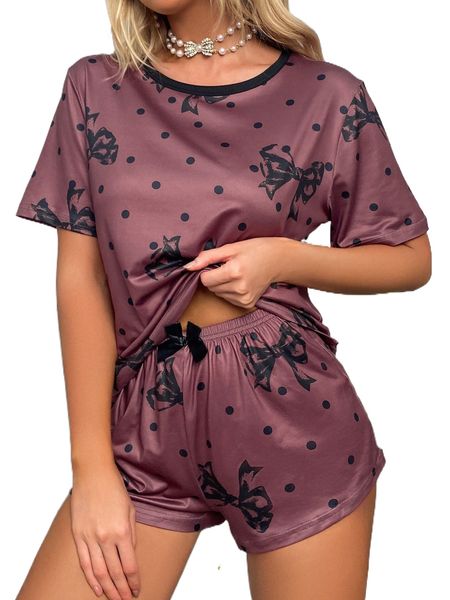 

polka dot & bow print knot front pj set v0gl#, Black;red