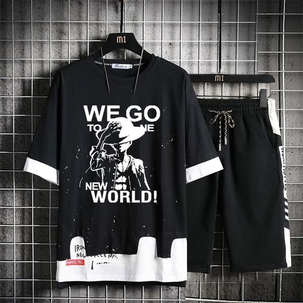 

high q anime 1pc luffy group pure cotton t shirt roronoa zoro trafalgar law punk rock loose short pants sets lj201125, Gray