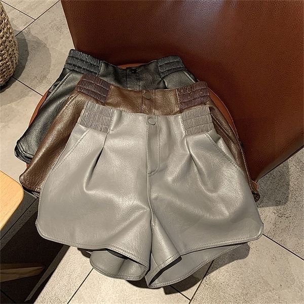 Hohe Qualität PU Leder Harem Shorts Frauen Kurze Hosen Braun Winter für Mädchen Sexy Boot Mode Hohe Taille Weibliche herbst 220419