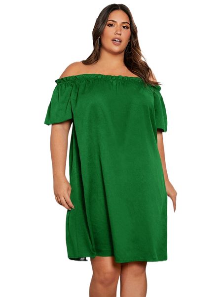 

plus off shoulder frill trim tunic dress s393#, Black