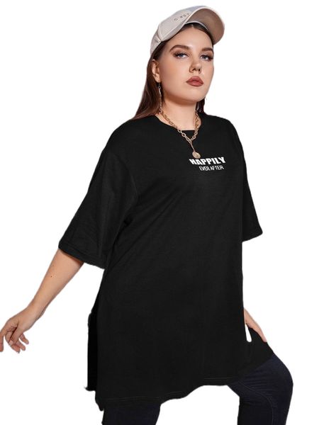

plus slogan graphic split hem tee i1vg#, Black