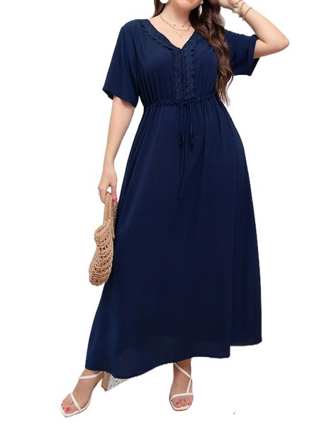 

plus lace trim drawstring waist dress l3ky#, Black