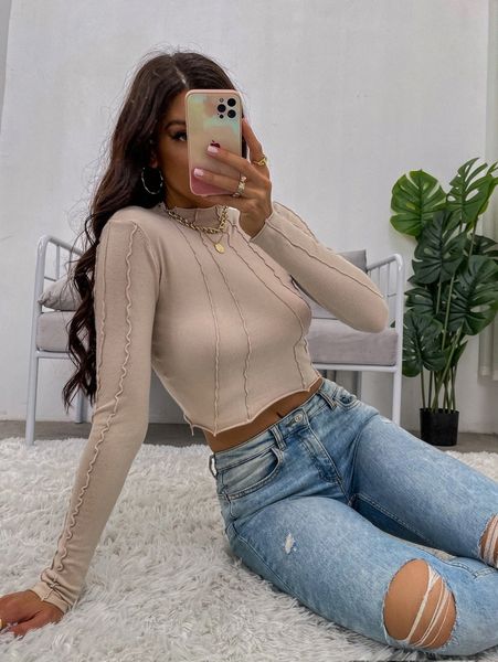 

mock neck lettuce trim crop sweater 04r8#, White;black