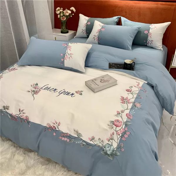 Tessili per la casa Cotone di lusso 4 pezzi Bianco Ragazze Ricama Set biancheria da letto Nobile Palazzo Reale Letto King Queen Size Copripiumino Lenzuolo Federa macchia letto