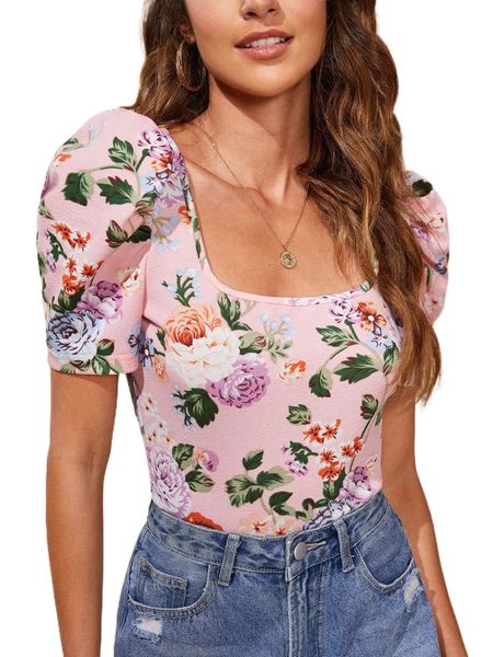 

square neck floral print puff sleeve tee k2z8#, White