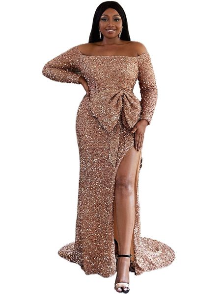 

seomiscky plus off shoulder bow front split thigh sequin formal dress 78qh#, Black