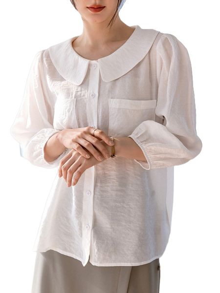 

dazy-less lantern sleeve pocket patched blouse 79a0#, White
