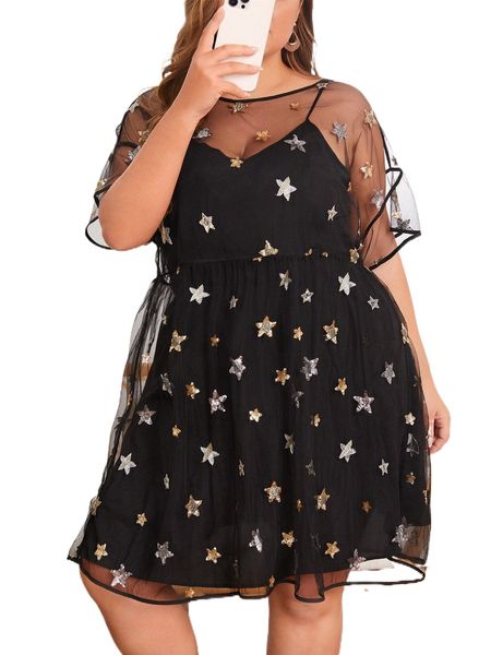 

plus star print sheer cover up & cami dress e034#, Black