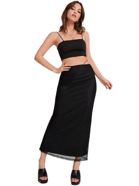 

heart-ring back mesh skirt y2ya#, Black