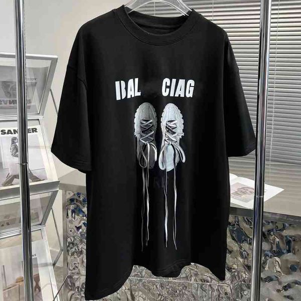 

factory direct sales 50% off 2022 paris b high version shoes printed lace up shoelaces short sleeve printed loose men's and women', White