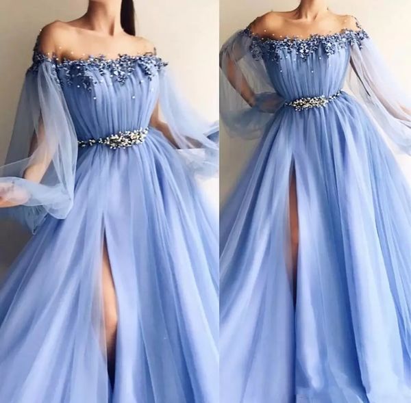 New Fairy Sky Blue Abiti da ballo Appliques Perla A Line Gioiello Poeta Maniche lunghe Abiti da sera formali Spacco frontale Plus Size Abiti da festa