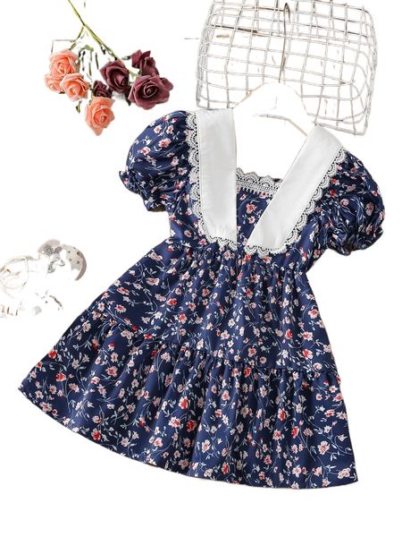 

toddler girls ditsy floral contrast lace dress 156u#, Black;white
