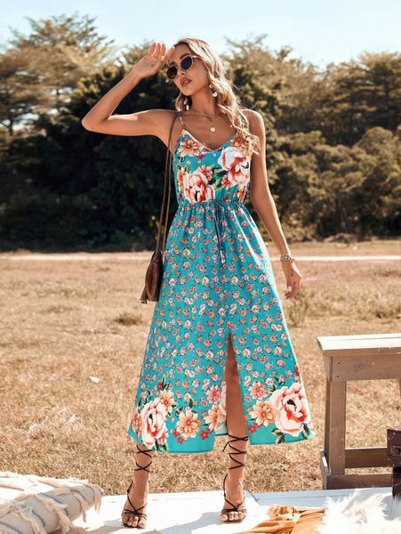 

floral print knot front split thigh cami dress q7ck#, Black;gray