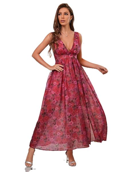 

double crazy allover floral print double v neck split hem chiffon formal dress c9aj#, Black;gray