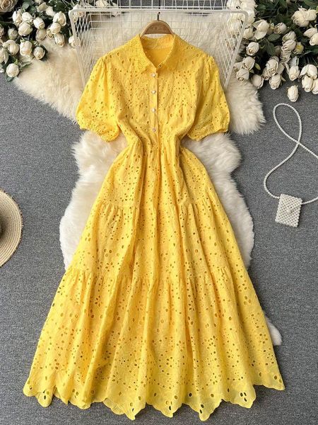 

casual dresses banulin women elegant hollow out lace dress office lady summer solid o-neck button up long female chic short sleeve dresscasu, Black;gray