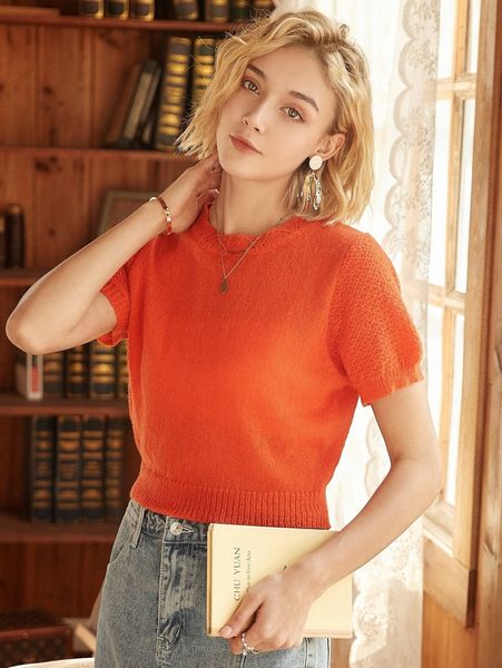 

knit mix solid round neck knit q85l#, White;black