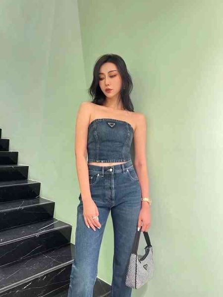 

temperament off shoulder triangular cowboy suit women's summer new slim short bra wearing jeans outside, White
