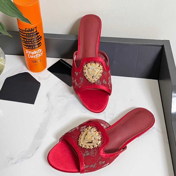 

women lace slippers flat flip flops luxury designer red sandals metal sunflower flower sheepskin footpads eighteen colours with box, Black