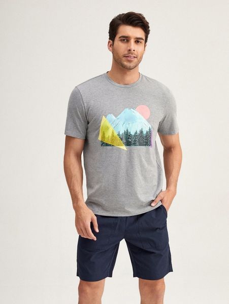 

men landscape print round neck tee 577b#, Gray
