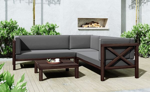 

outdoor wooden terrace backyard segmented seat set with cushion and table back x-shaped sofa