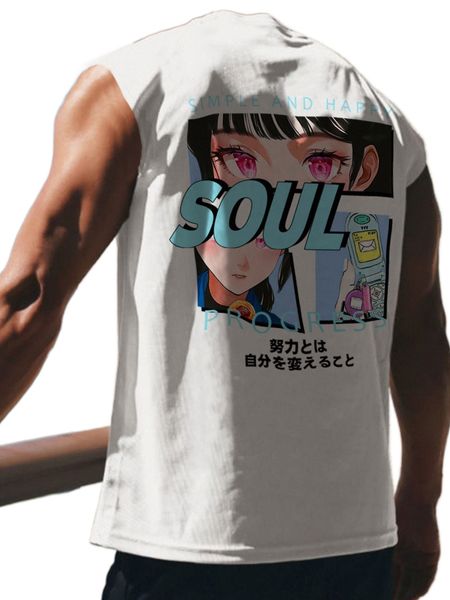 

men figure & japanese letter graphic tank z2rj#, White;black