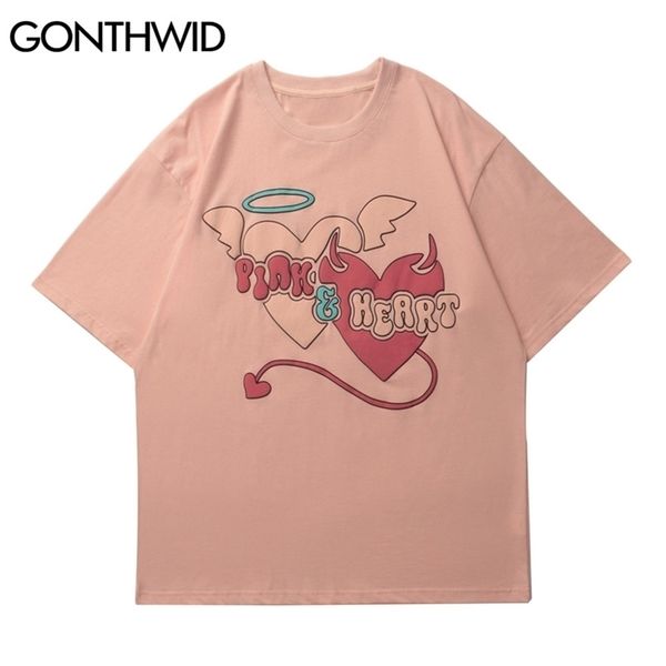

tshirts harajuku angel devil heart print tee shirts streetwear mens hip hop fashion casual summer loose t shirt 210602, White;black