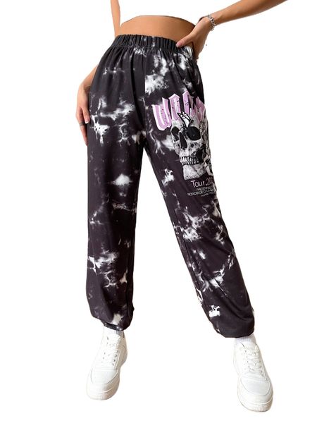 

skull & letter graphic tie dye sweatpants d95b#, Black;white