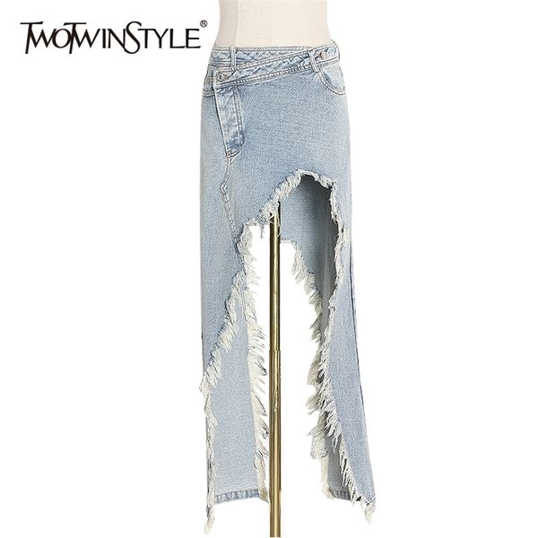 

twotwinstyle patchwork tassel asymmetrical denim skirts high waist pocket irregular hem skirts female spring fashion 210311, Black