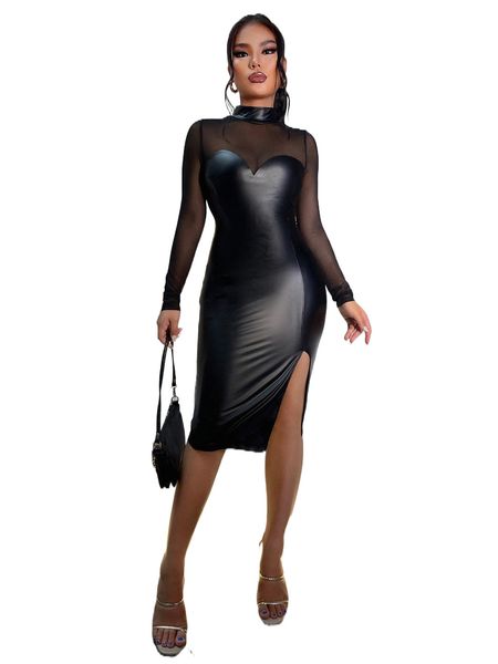 

mesh panel split hem pu leather bodycon dress 21v8#, Black;gray