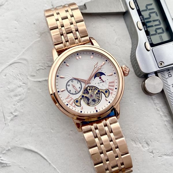 

2022 luxury mens watches tourbillon five stitches automatic mechanical watch european brand moon phase steel strap fashion montre de luxe gi, Slivery;brown