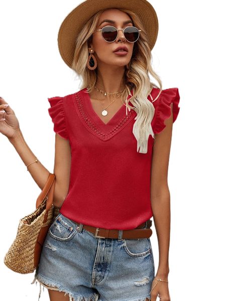 

contrast trim ruffle sleeve blouse e2y8#, White