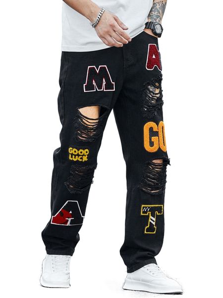 

men letter patch detail ripped jeans 536a#, Blue