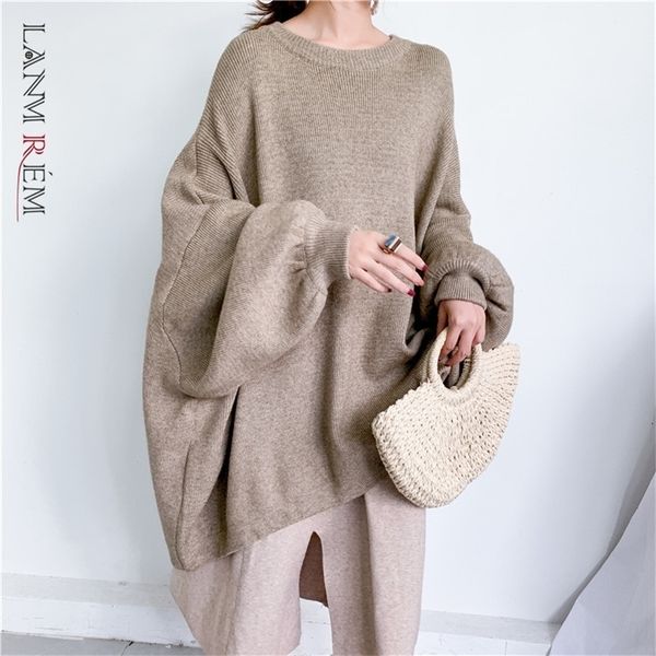 

lanmrem 2021 spring new fashion solid color round neck pullover bat sleeve large size long knit sweater women pb615 210203, White;black
