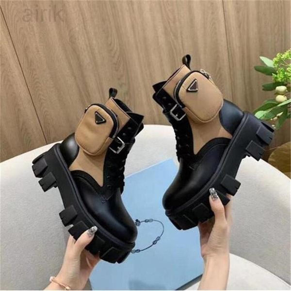 

designer rois martin boots leather women men military inspired combat with bag nylon boot bouch attached to the ankle shoes thick soled, Black