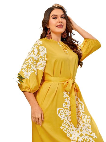 

plus scroll print tie neck lantern sleeve belted dress h79y#, Black