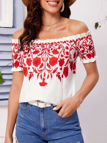 

floral print frill trim off the shoulder blouse s1bh#, White
