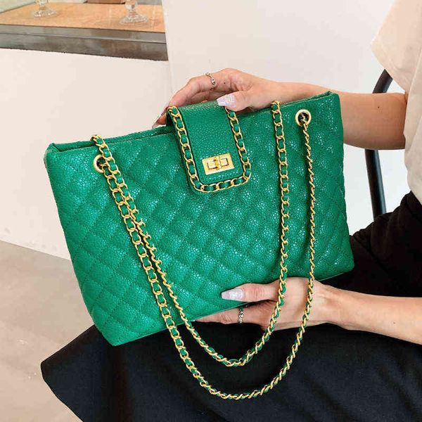 

green big quilted shoulder handbags women chain leather tote bag rhombus lattice shopper bag ladys large crossbody messenger bag 220608
