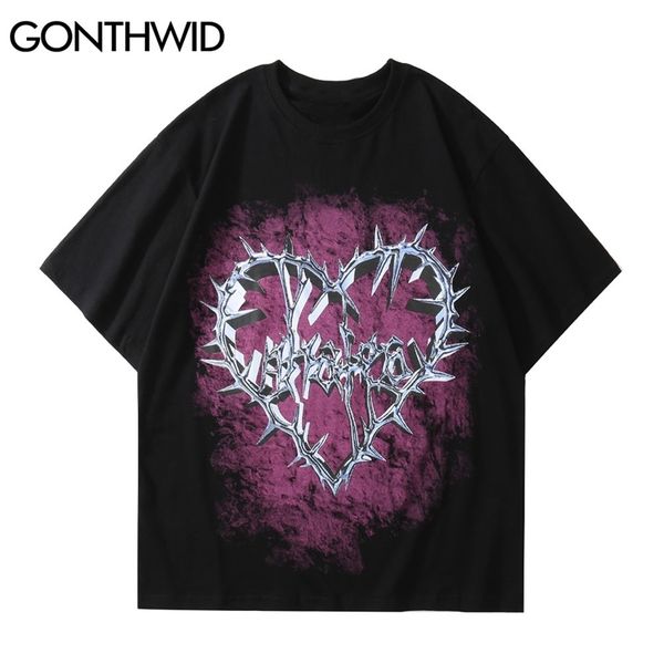 

gonthwid oversized tees shirts hip hop chain heart print punk rock gothic tshirts streetwear fashion harajuku casual cotton 220611, White;black