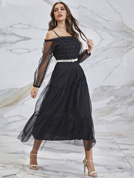 

geo pattern rhinestone detail frill cold shoulder dobby mesh ruffle hem belted dress m0r4#, Black;gray