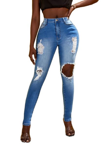 

sxy bleach wash cut out ripped frayed skinny jeans y424#, Blue