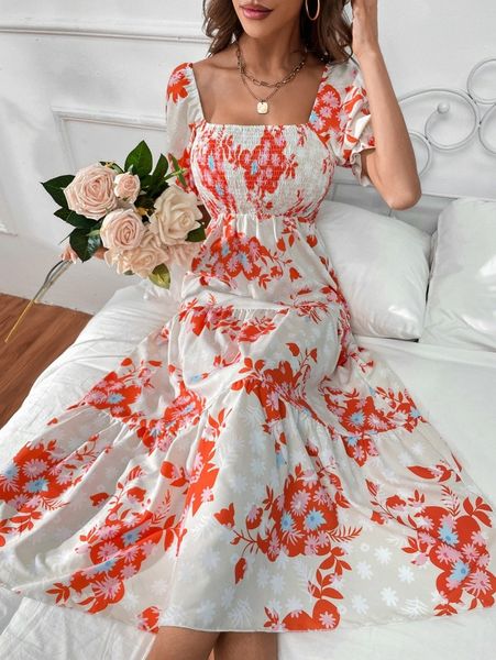 

allover floral print shirred back ruffle hem dress 74i0#, Black;gray