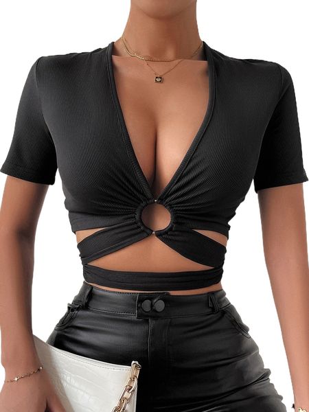 

ruched ring cut out crop tee w4ho#, White
