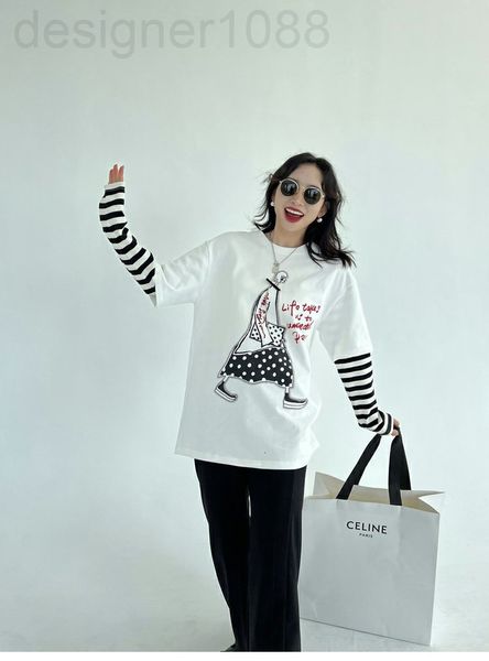 

women's t-shirt designer 22 spring and summer new bodhi cat cartoonist fake two striped stitching print age reduction t-shirt ernx, White