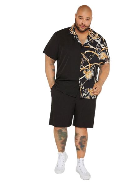

extended sizes men chain print shirt & shorts d61d#, Gray