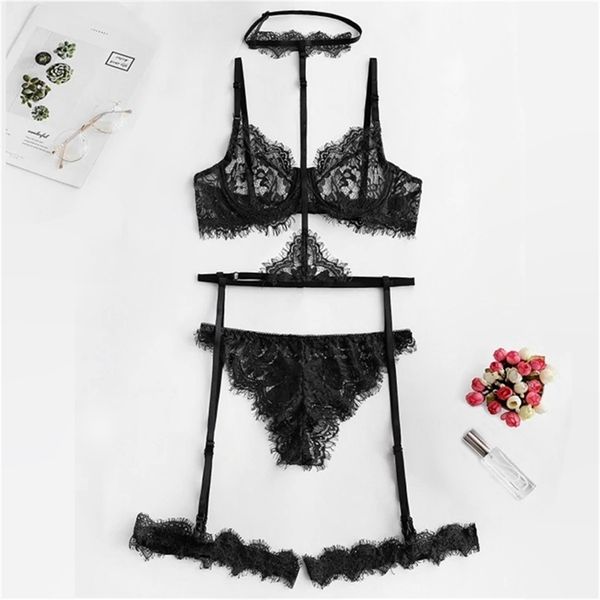 Donne Intimates See Through Reggiseno sexy e mutandine Set intimo trasparente Pizzo ciglia con ferretto Lingerie Set con girocollo nero LJ200814