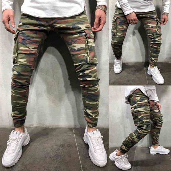 

men's jeans men's camouflage elastic jeans slim fitting small foot multi pocket tooling rubber band pants oxb1, Blue