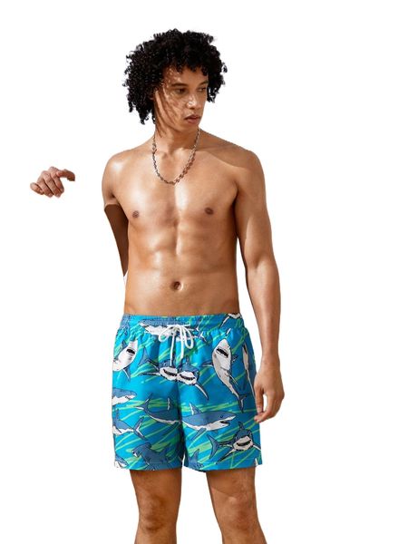 

men shark print drawstring waist shorts m5qw#, White;black